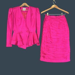 VTG Women 10 Hot Pink Ruched Skirt Suit 80s Cocktail Dopamine Peplum Jacket Top